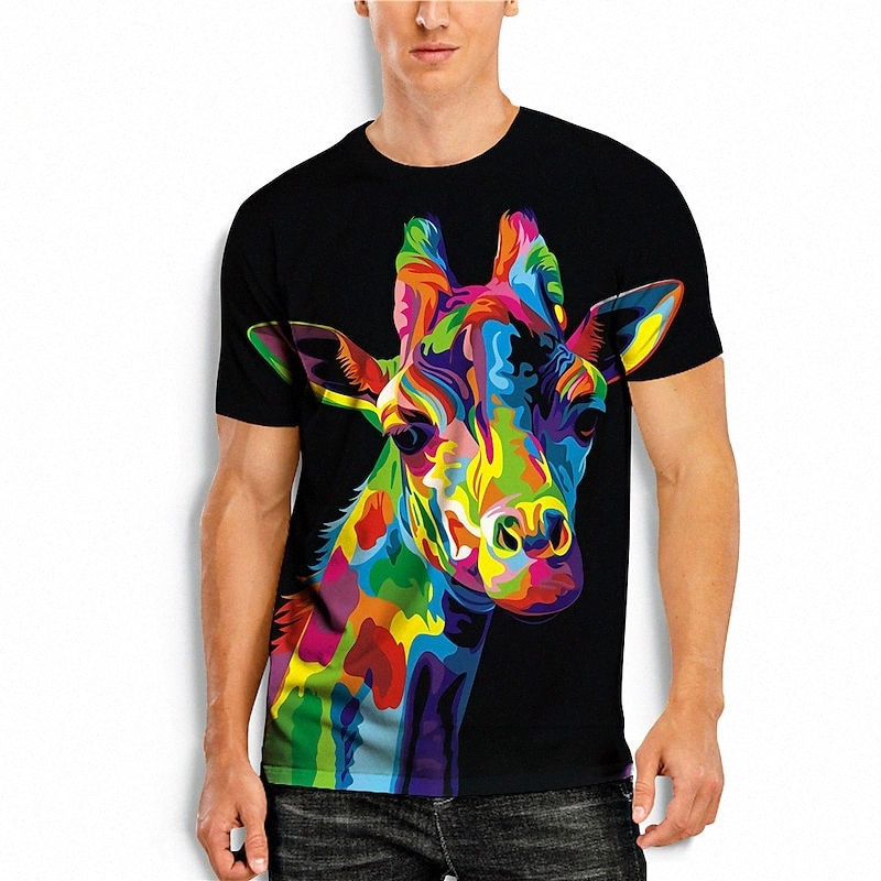 Men's T shirt 3D Print Graphic Giraffe Animal Round Neck Daily Holiday Print Short Sleeve Tops Basic Casual Black / Summer n1SY#