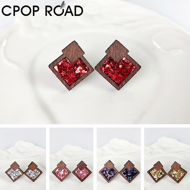 

Cpop Red Glitter Leather Stud Earrings for Women Geometric Colorful Wood Earrings Simple Fashion Jewelry Accessories Girl Gift