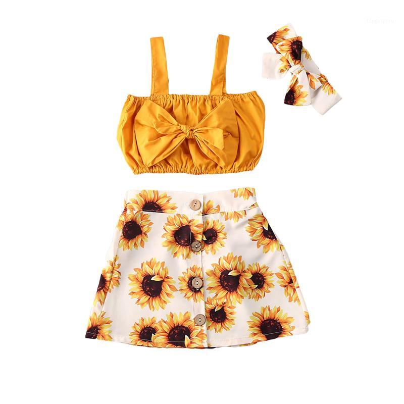 

1-5Years Baby Girls Sunflower Clothes 3Pcs Kids T-shirt Tops Floral Skirts Outfits Set1, As pic