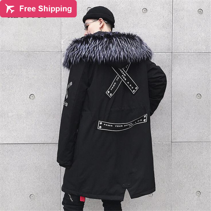 

2020 new winter of men with hoodies fur coats parkas streetwear thick medium-long jacket men's clothes, Black
