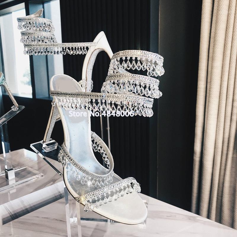 

Shinning Crystal Snake Winding Gladiator Woman Sandals Thin Heeled Open Toe Beading Bridal Wedding Dress Shoes White Black1, 10 cm