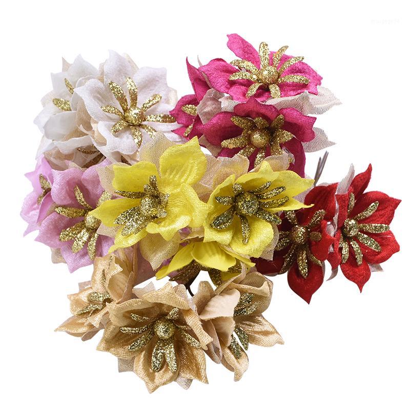 

6/15pc Shiny Glitter Artificial Flower Bouquet Gold Red Gardenia Silk Flowers For Home Garden Wedding Party Decoration DIY Craft1, B05 rose red