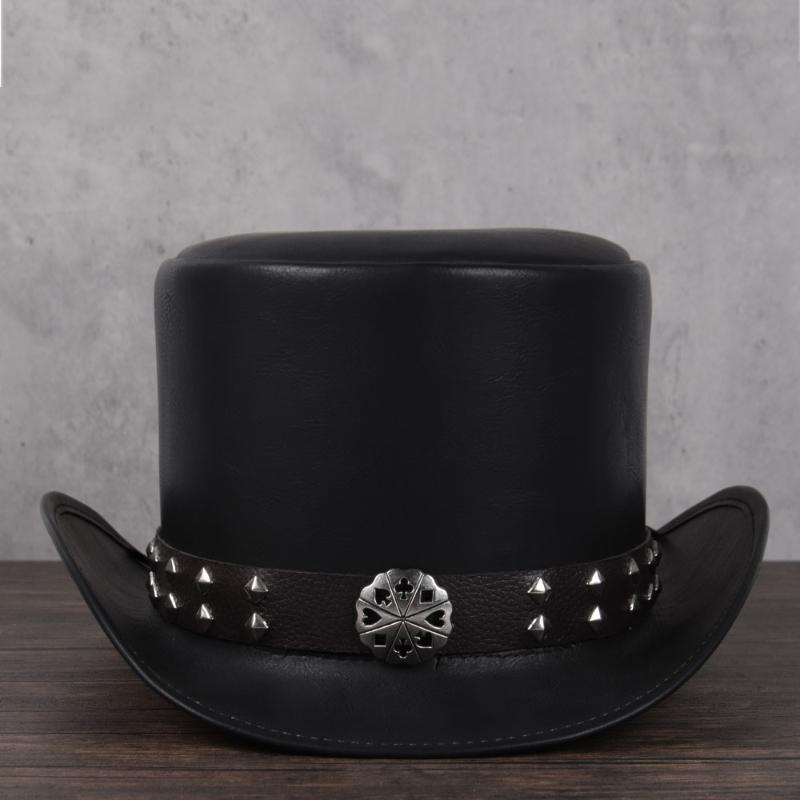 

Women Men Leather Top Hat President Traditional Fedora Hat Magic Flat Steampunk Cosplay Party Cap Dropshiping 3Size 13CM Top, Black