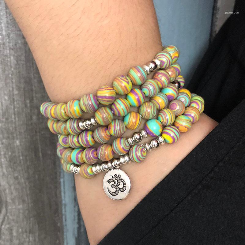 

Popular Solar System Stripe Stone Wrap Around Yoga Bracelet Men 108 Beads Mala Yellow Malachite OM Bracelet1