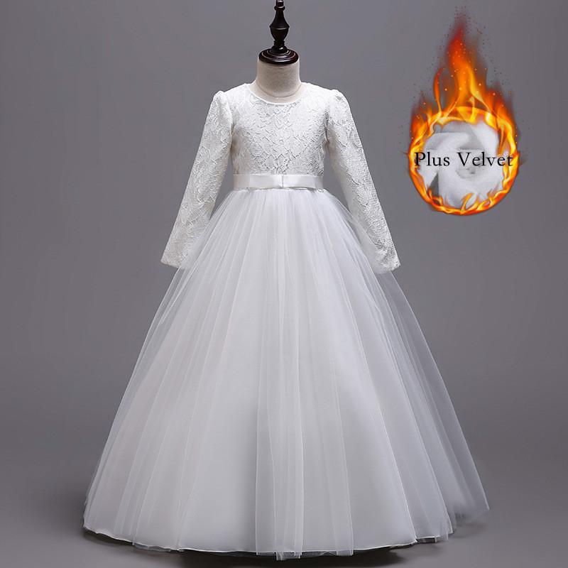 

Elegant Plus Velvet Winter Thick Long Sleeves Little Girls Princess Dress Kids Teenagers Tutu Party Lace Dress Children Clothing, White short dress