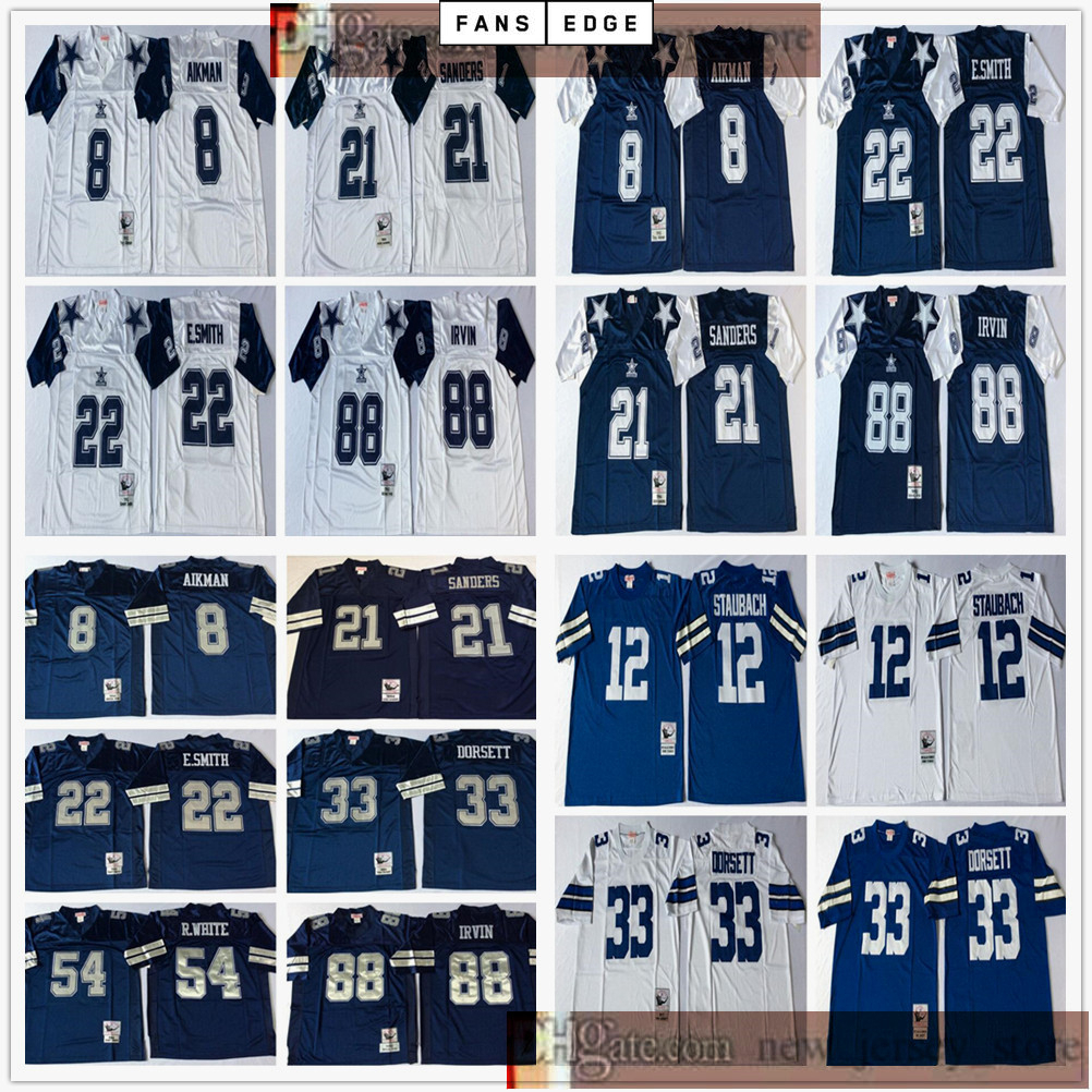

NCAA Football Retro Vintage Deion Sanders Emmitt Smith Troy AikMen Tony Dorsett Michael Irvin Roger Staubach Jersey Men Blue White Sewn, As picture