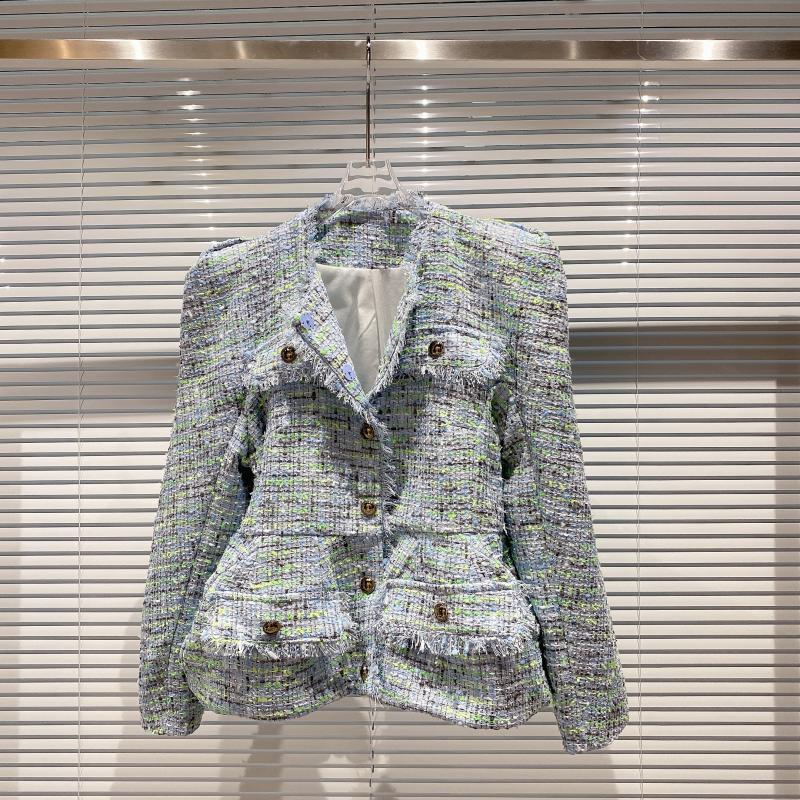 

2020 Double Pocket New Metal Button Little Fragrance Tweed Fabric Jacket Style E058, See chart