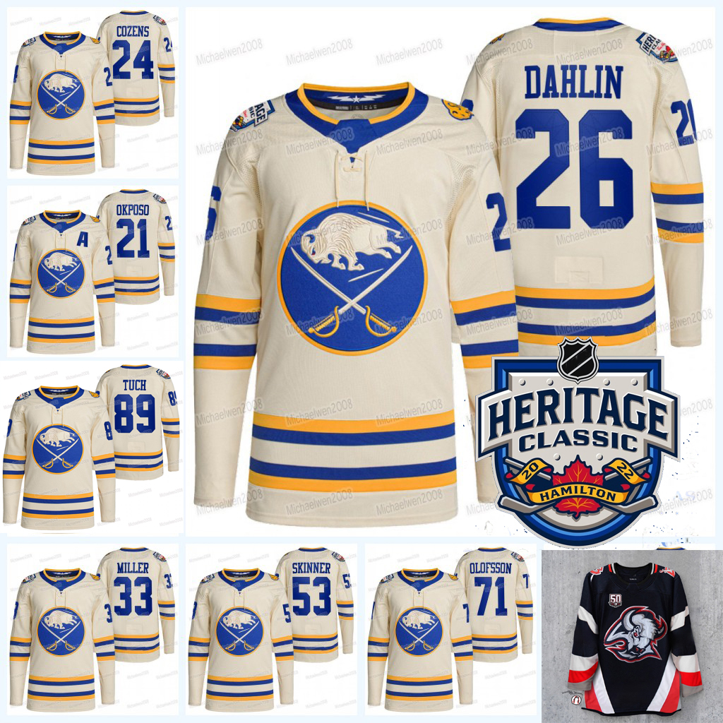 

Rasmus Dahlin Sabres 2022 Heritage Classic Jersey Alex Tuch Victor Olofsson Jeff Skinner Colin Miller Brett Murray Peyton Krebs Mark Pysyk Casey Nelson, Mens