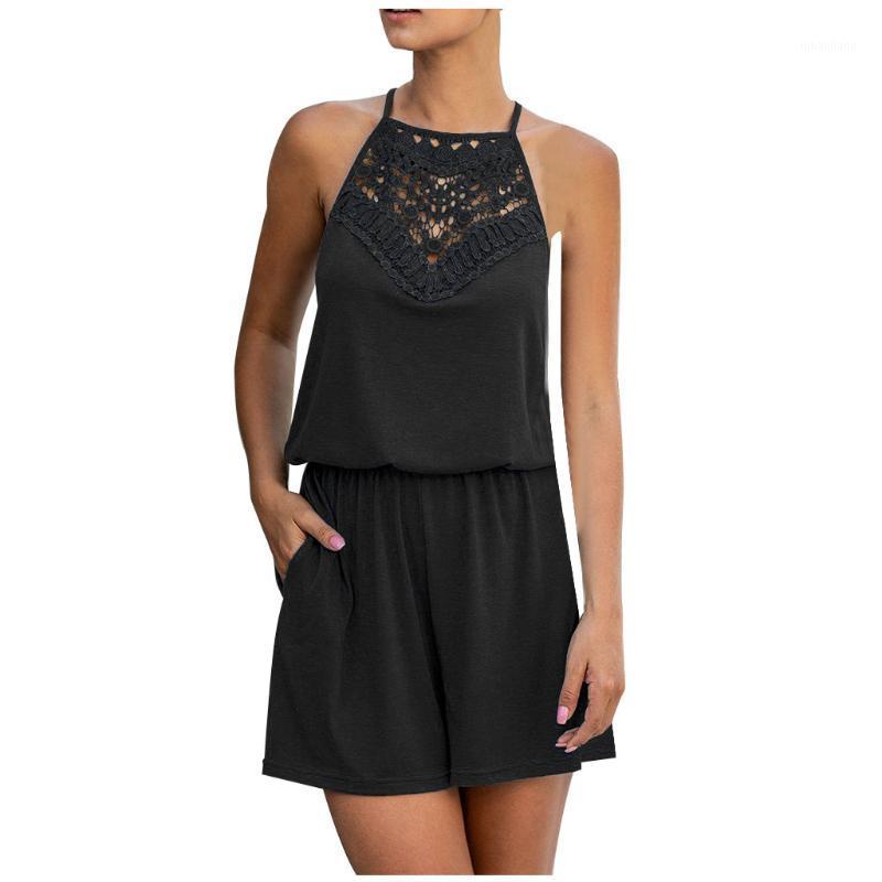 

Sagace Jumpsuit Women Solid Color Sleeveless Lace Stitche Hollow Out Laciness Casual Jumpsuit Summer Lace Halter Cotton Pants1, Green