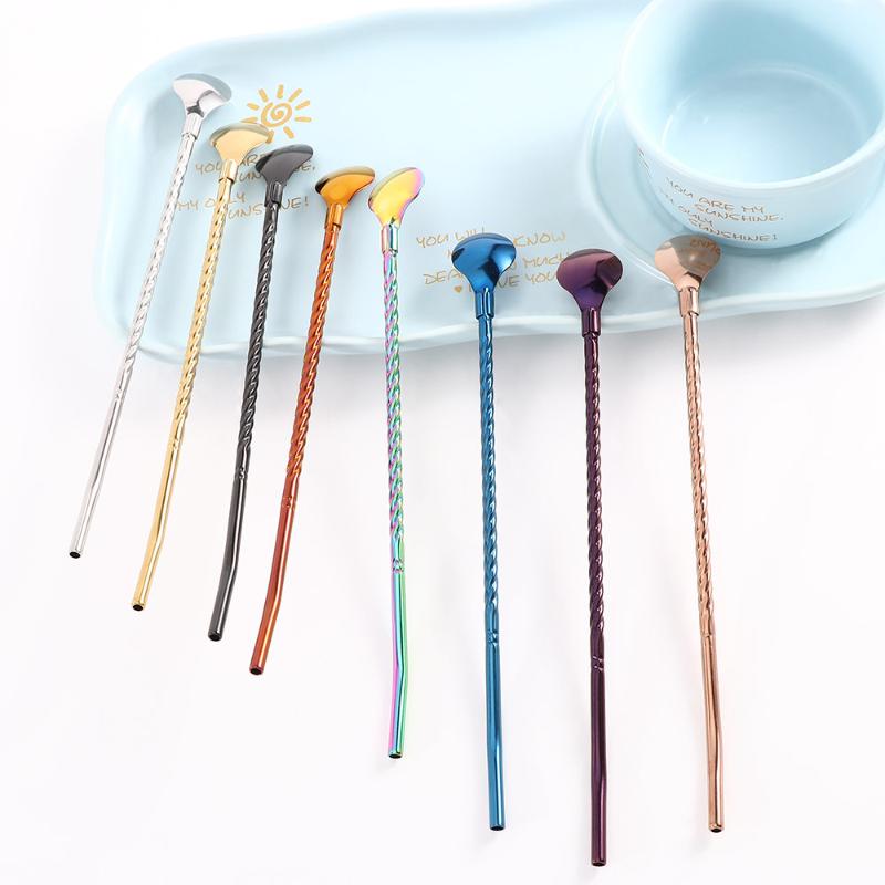 

Long Twisted Straw Spoon Portable Scoop Reusable Colored Stainless Steel Straws Cocktail Coffee Stirring Kitchen Accessories