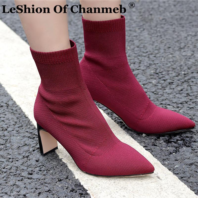 

LeShion Of Chanmeb Chic High Heels Stretch Boots Women Knitted Sock Boots Shoes Autumn Winter Lady Dress Brand Shoes Size 34-43, Red boots