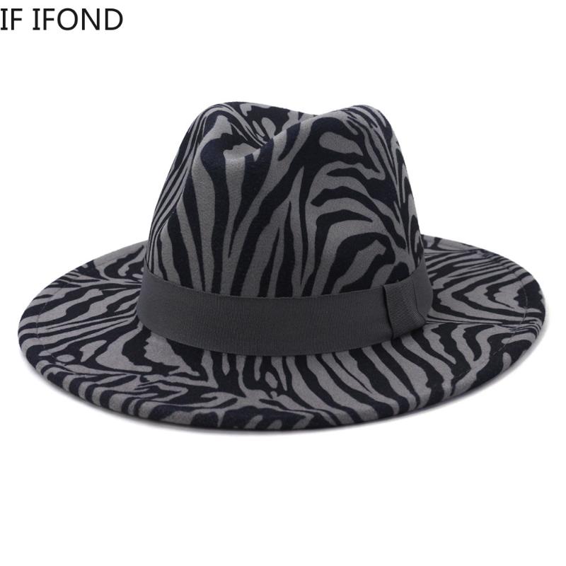 

Hot Floppy Wide Brim Fedora For Women Men Zebra pattern Jazz Cap Panama Formal Hats
