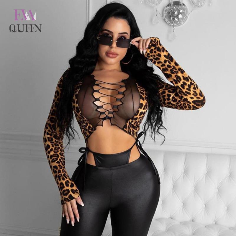 

EvaQueen Leopard Print Mesh T Shirts Women Sexy Hollow Out Lace Up Long Sleeves Tops Autumn Tie Patchwork Outfits 2020 Vestidos, Brown
