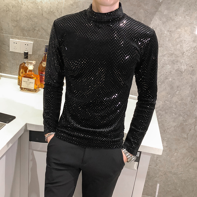 

Fashion 2020 Autumn T-shirt Men Clothing Hot Sale Sequins T Shirts Mens Long Sleeve All Match Comfortable Knitted Turtleneck 5XL X1214, Black