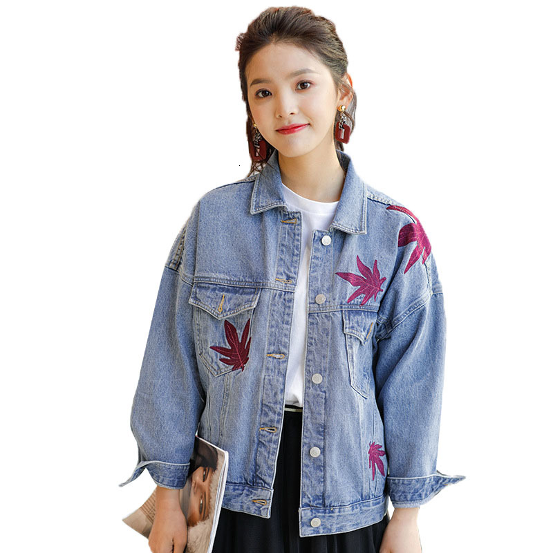

Spring Short Denies Fashionable Women's Clothing Maple Leaf Embroidery Student Cowboy Casual Woman's Loose Jean Jacket R455 F5j9, Blue
