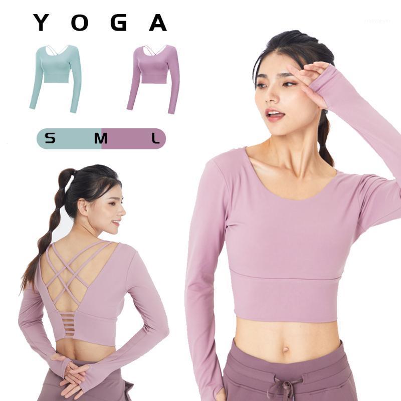 

Seamless long sleeve crop yoga top with chest pad long sleeve back beauty yoga top short length cute fashion professional fitnes1, Water brocade