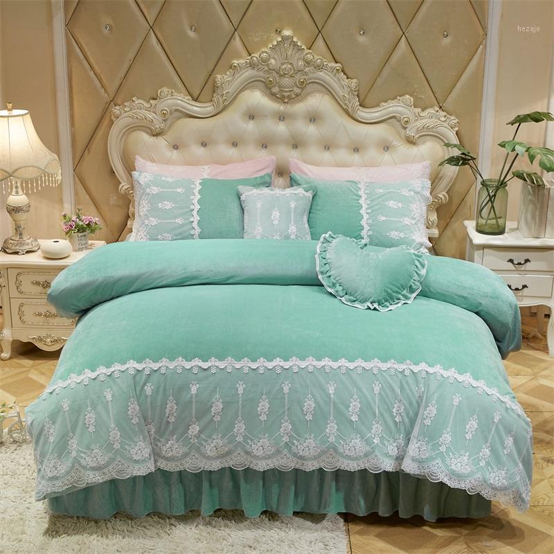 

Crystal velvet lace Bedding set King queen  size Bed set Princess Korean Girls White Pink Bed skirt Pillowcase1