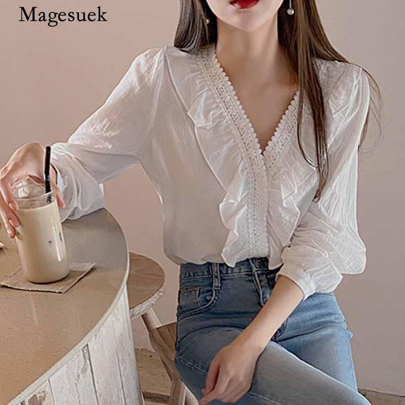 

Autumn Casual Ruffled Korean V-neck Cotton Women Blouses Long Sleeve Shirts For Women Elegant Vintage Lace White Blouse 11393