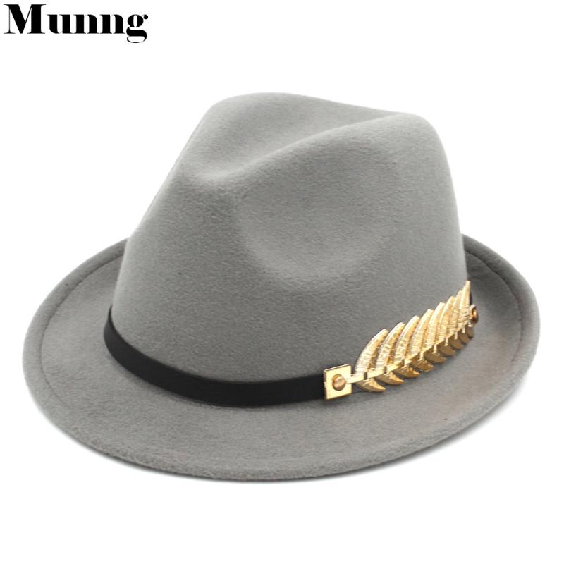 

Wide Brim Hats Munng Unisex Wool Blend Trilby Hat Stiff Upturn Fedora Cap Feather Leather Band, Black