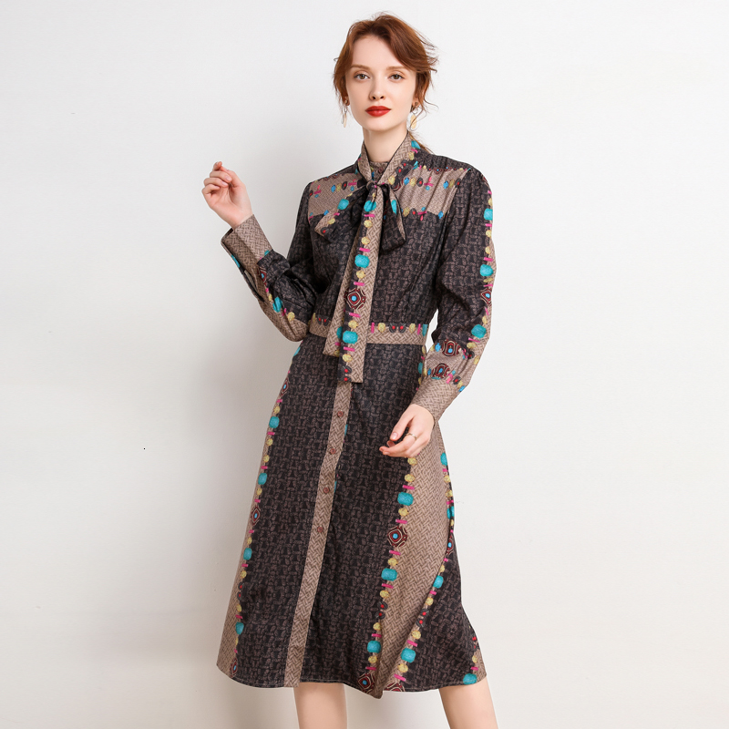 

2021 New Fall Spring Women Vintage Es Runway Long Sleeve Flower Printed Elegant Midi Vestidos Bow Tie Belt Office Ep26, As picture
