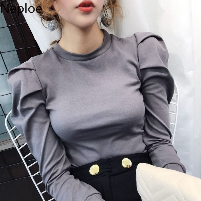 

Neploe Korean O Neck Pullover Puff Long Sleeve T Shirt Women Solid Bottom Slim Fit Tees Spring Summer New Cutton Top 49545 201125, Dark gray