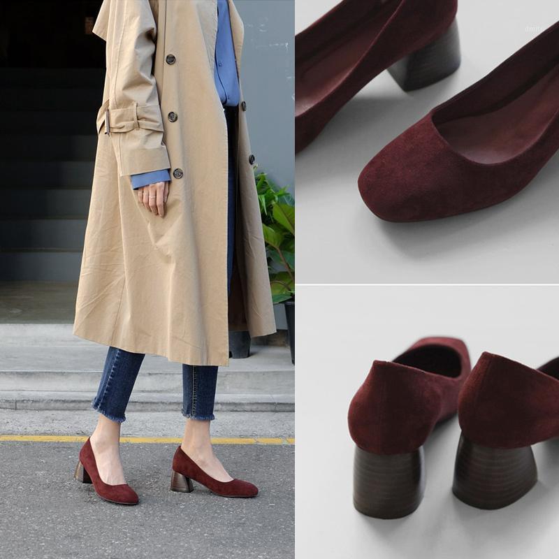 

EOEODOIT Women Autumn Pumps Square Toe Med Chunky Heel Flock Casual Fashion Daily Shoes Office Work Pumps1, Beige