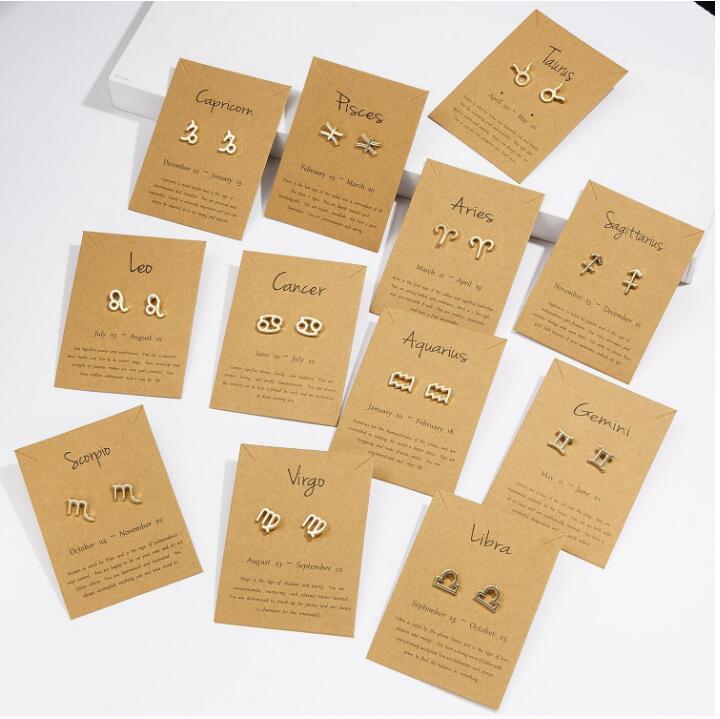 

European and United States Fashion constellation sign Stud Earring Gold 12 zodiac Earrings with Gift card