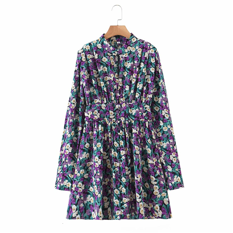 

2021 New Streetwear Women Floral Print Fashion Ladies Chiffon Pleated Es Causal Female Chic Button Hollow Out Vestidos Wqes, Blue