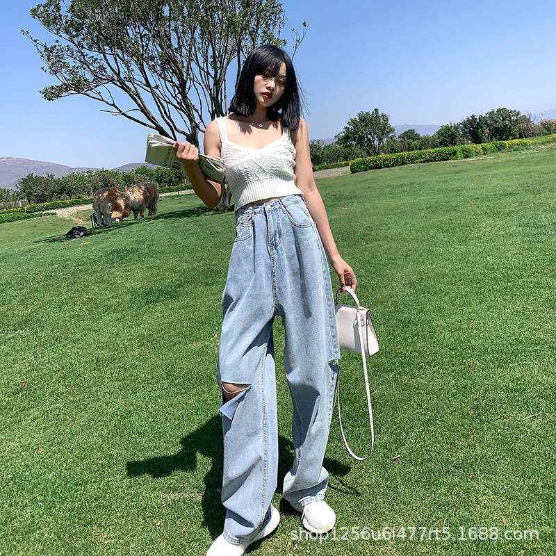 

2021 New summer water-washing hole women's jeans walk on legs waist high fine fashion casual pants straight ZQKL, Light blue