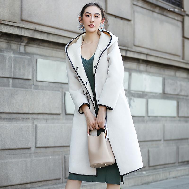 

Lamb 100% wool Coat Sheep Shearing Fur Lamb Fur Coats Winter Coat Women Wool Jacket Hooded Tops PU Lining Long Korean Tops s1, Black