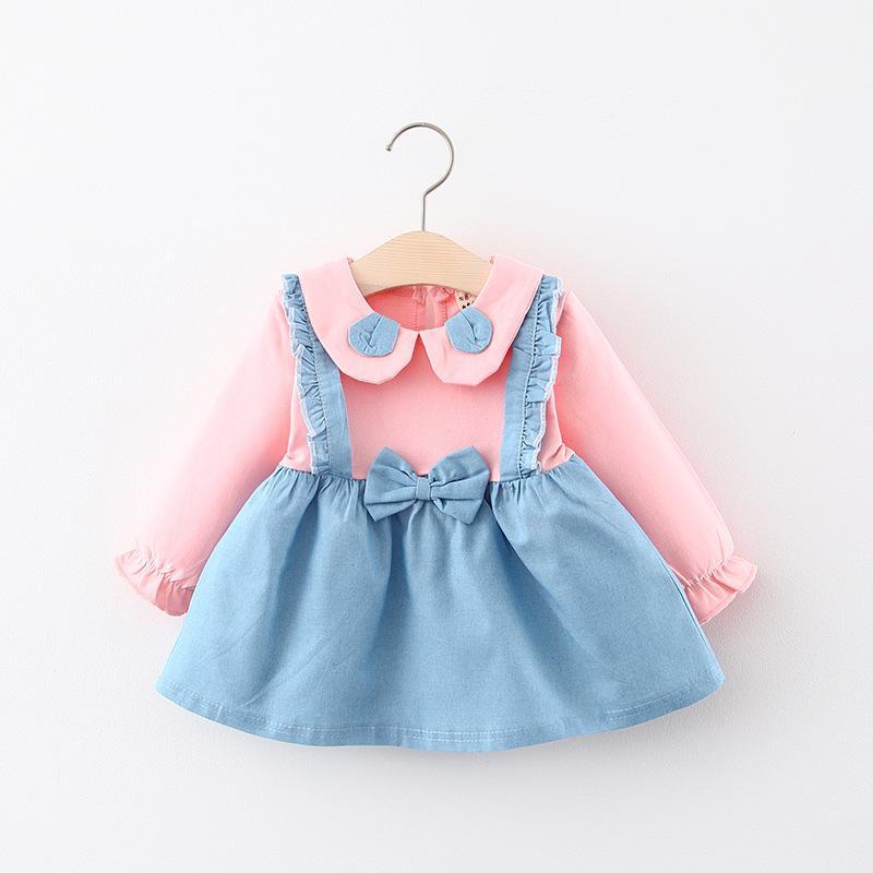 

Baby Girl Autumn Denim Long Sleeve Dress Kids Girls Fake-2pcs Bow Cute Princess Dress Kid Color Patchwork Strap Jeans Dresses1, Yl201 orange