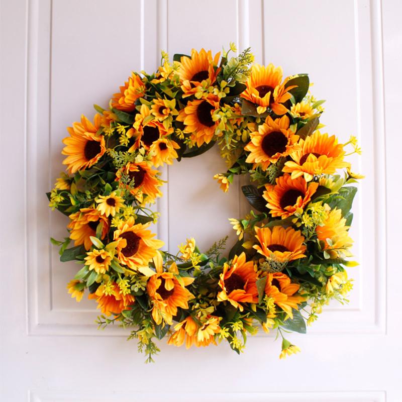 

16" Artificial Sunflower Wreath Flower Wreath Yellow Flower Door Summer Wreaths with Green Leaves Wedding Wall Home Decor, Multi