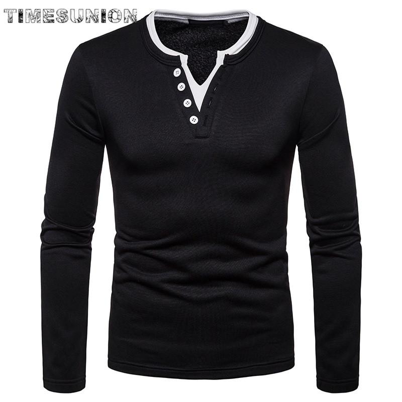

mens fashion 2020 collar mens t shirts top quality long sleeves Solid color cotton t-shirt homme, Black