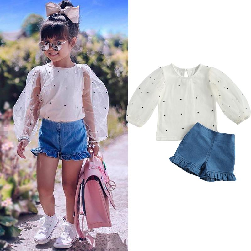 

2021 Summer Baby Kids Girl Top Shorts Outfits Polka Dot Puff Long Sleeve Top Ruffle Shorts 2Pcs Set Fashion New Clothes, As pic