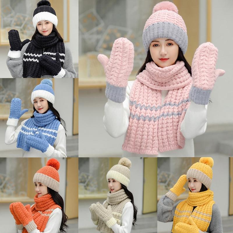

Women Winter 3Pcs Plush Lined Contrast Color Beanie Hat Long Scarf Gloves Set