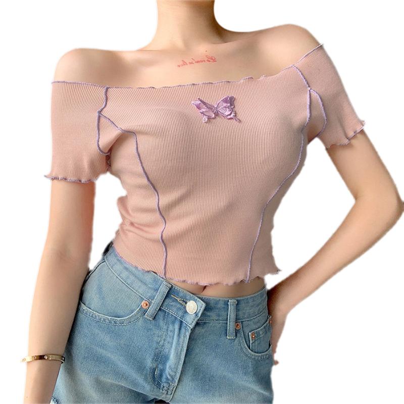 

Summer Women Short Sleeve Butterfly T-shirt Crop Top Casual Female Pullover Knitted Slim Fit Tops, As pic