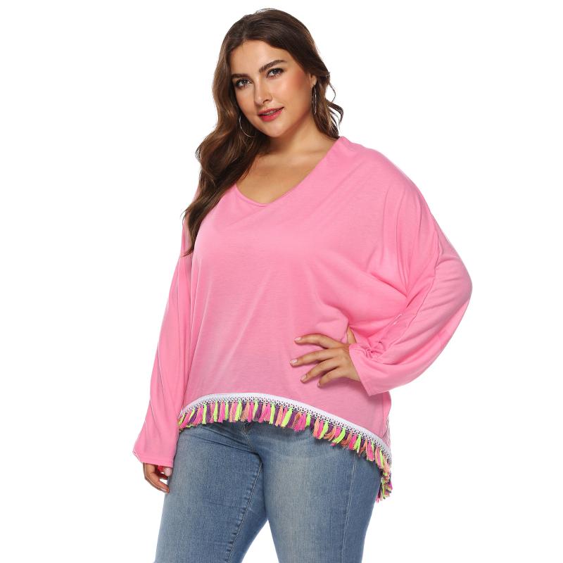 

Large Size Women's Clothing Autumn And Winter New Irregular Dolman Sleeve Color Tassel TSshirt Top Christian Shirt Loose Plus, Pink