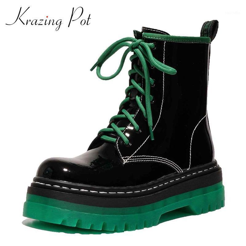 

Krazing Pot motorcycle boots cow patent leather mixed colors sewing round toe med heel fashion coolest platform ankle boots L381, Black