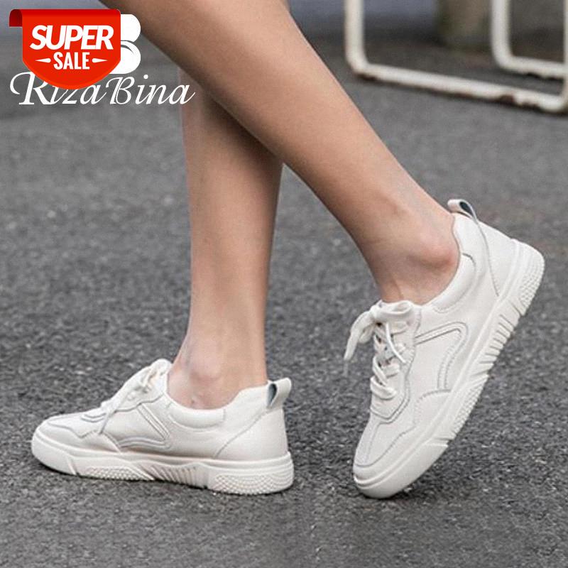 

RIZABINA New Women Sneakers Genuine Leather Lace Up Women Flat Shoes Fashion Casual Shoes Daily Footwear Size 35-40 #HK8F, Beige