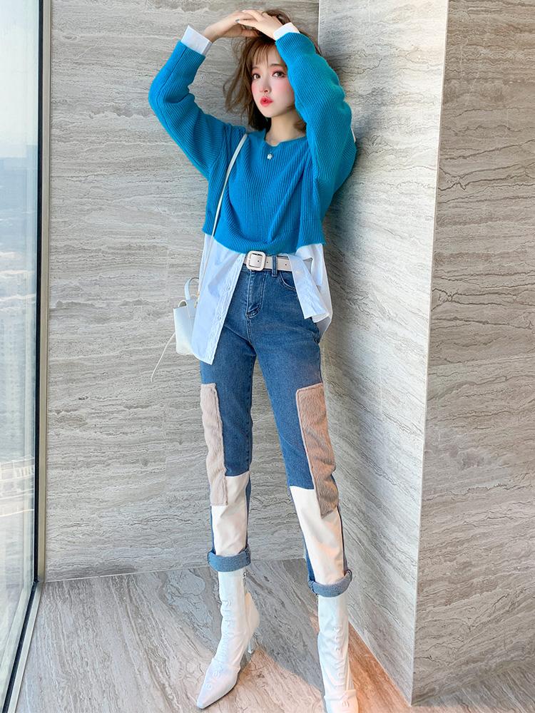 

Stitching fleece bump color PU leather fashion and personality show thin plaster joker jeans dress new winter 2020, Blue