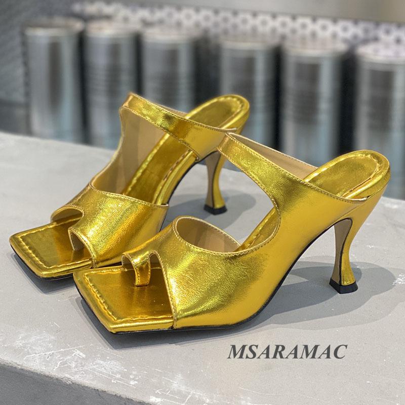 

Fashion metallic flip flops high-heeled slippers leather square toe women's outdoor slippers sexy street ladies party shoes, Black