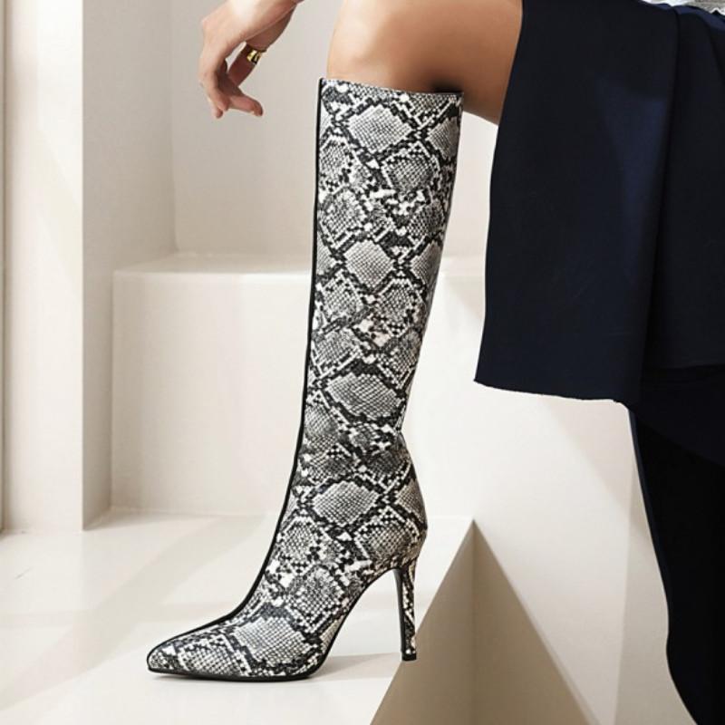 

Fanyuan 2021 Trendy Colorful Animal Print Boots Sexy High Thin Heels Boots Women Dress Patchwork Knee High Shoes Woman, Beige