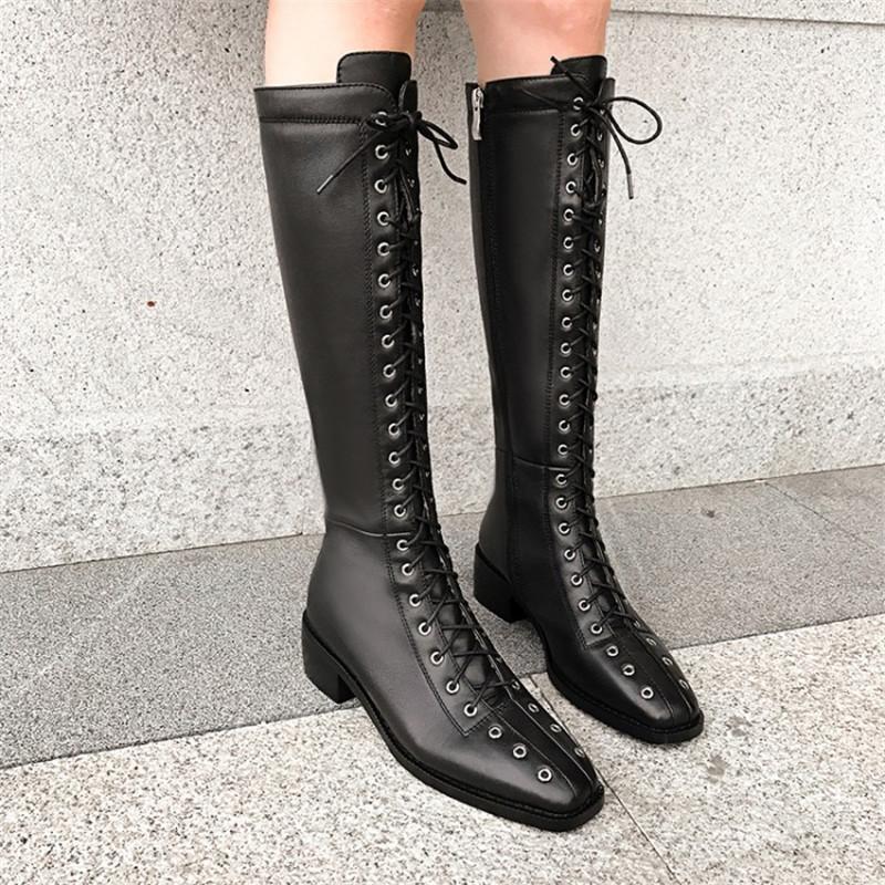 

PXELENA Rome Gladiator Knight Riding Knee High Boots Women Genuine Leather Sheepskin Combat Motorcycle Army Boots Shoes1, Black autumn