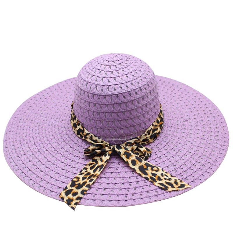

Women Leopard Print Ladies Beach Cap Wide Brim Straw Hat Fashion Travel Seaside Sunscreen Bowler Outdoor Foldable Bowknot Ribbon, Sky blue