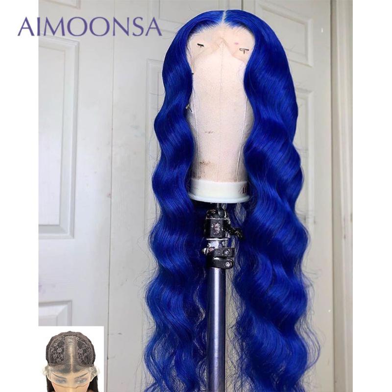 

Transparent Lace Wigs Blue Wig Body Wave Wig Colored Human Hair Wigs Pre Plucked Glueless For Black Women 150% Density Remy, As pic