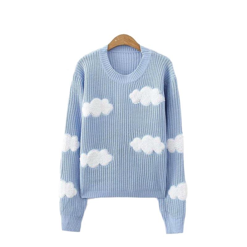 

New Fall Winter Women Cartoon Embroidery Harajuku Knitted Hooded Loose Sweater Cute Clouds Long Sleeve Pullover Tops 208182, Sky blue