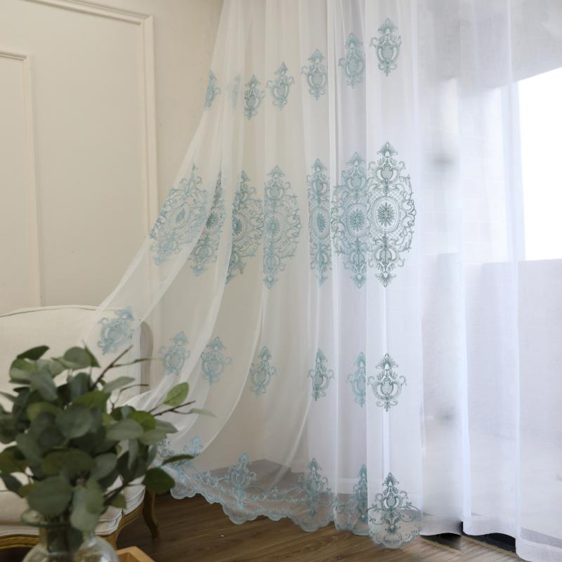 

Mesh Fabric Yarn Blue European Luxury Embroidery Screens Tulle Sheer Balcony Curtains for Living Room Bedroom Finished, Transparent tulle