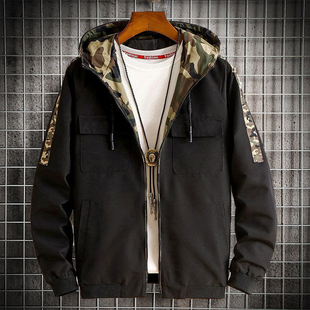 

Men blouse autumn light hoodie with zipper down to camouflage shredded hoodies jacket thin Korean clothes, Lightgreen.