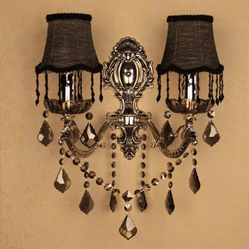 

2 Arms Showcase Rustic Black Wall Lamps Dining Room Smoke Crystal Lighting Retro Silver Wall Light Arandela E14 Led Fixture