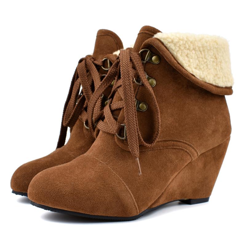 

Boot Woman 2020 Lace-Up Warm Plush Winter Boots Women Ankle Boots Wedges Casual Shoes Woman Solid Color Shoes Women Suede, Yellow